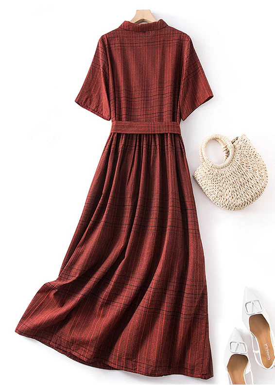 Fine Red Peter Pan Collar Plaid Tie Waist Linen Dresses Summer - Image 2