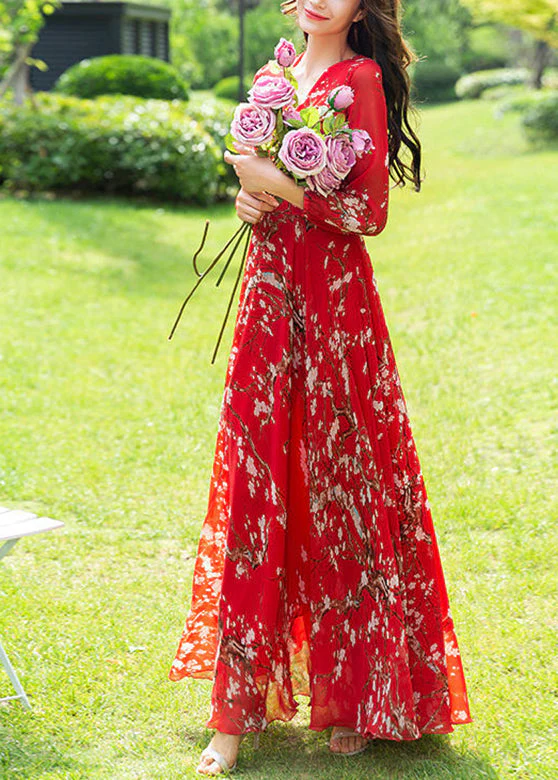 Fine Red Print Slim Chiffon Vacation Long Dresses Long Sleeve - Image 2