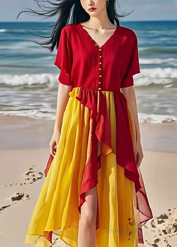 Fine Red Ruffled Patchwork Linen Beach Dress Summer - Image 2