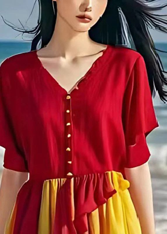Fine Red Ruffled Patchwork Linen Beach Dress Summer - Image 3