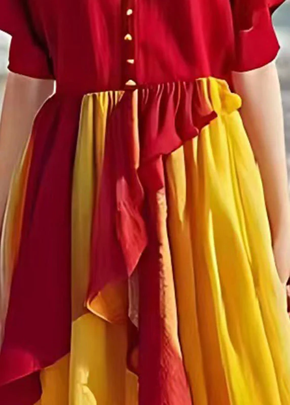 Fine Red Ruffled Patchwork Linen Beach Dress Summer - Image 4