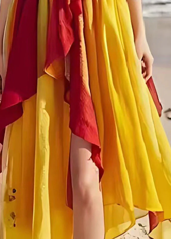 Fine Red Ruffled Patchwork Linen Beach Dress Summer - Image 5