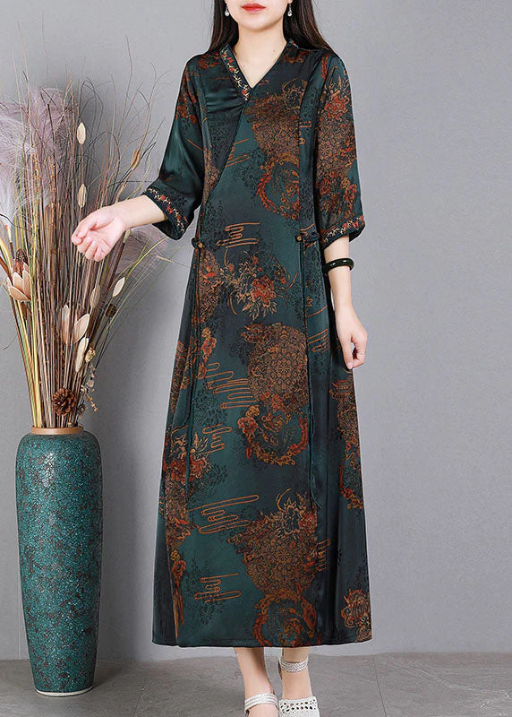 Fine Red V Neck Embroideried Asymmetrical Design Print Silk Vacation Dresses Half Sleeve - Image 2