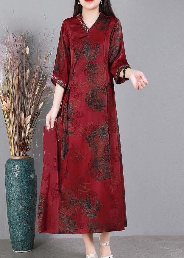 Fine Red V Neck Embroideried Asymmetrical Design Print Silk Vacation Dresses Half Sleeve - Image 3