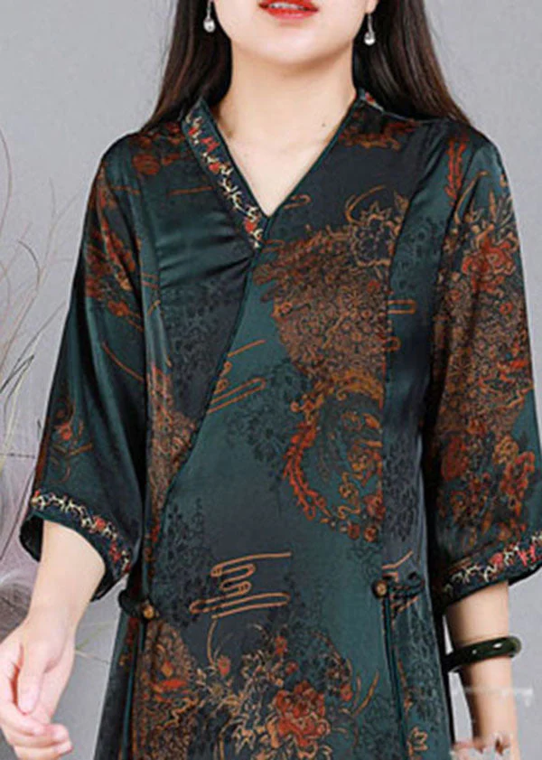 Fine Red V Neck Embroideried Asymmetrical Design Print Silk Vacation Dresses Half Sleeve - Image 4