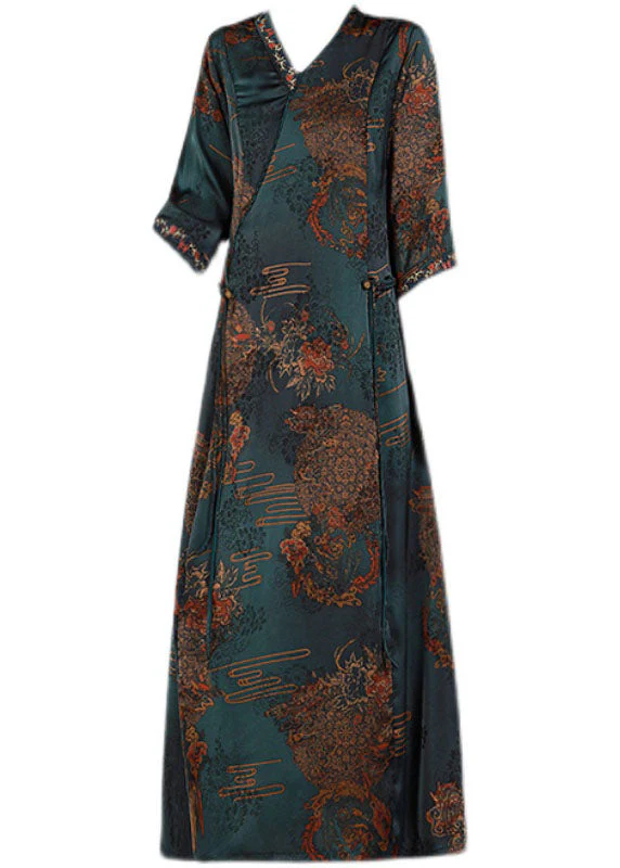 Fine Red V Neck Embroideried Asymmetrical Design Print Silk Vacation Dresses Half Sleeve - Image 5