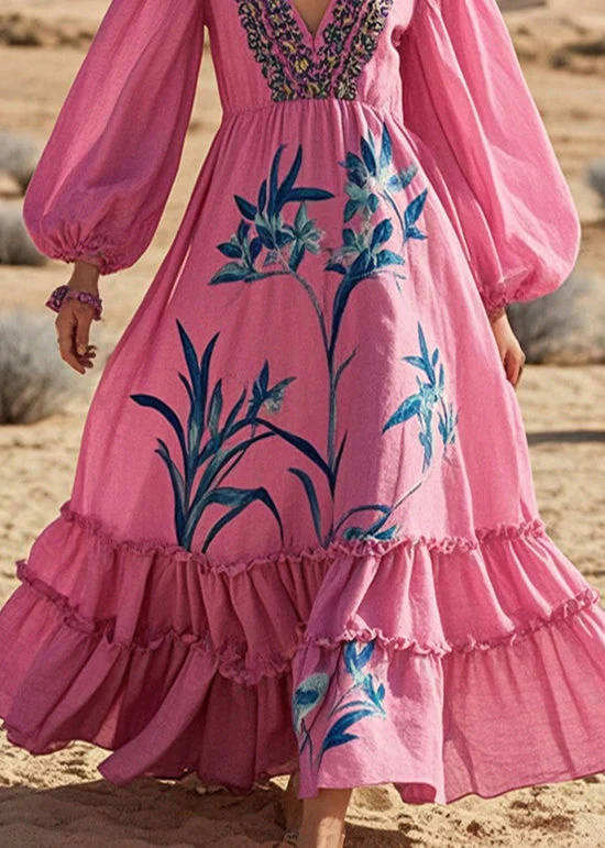Fine Rose Ruffled Print Cotton Ankle Dress Spring - Image 4