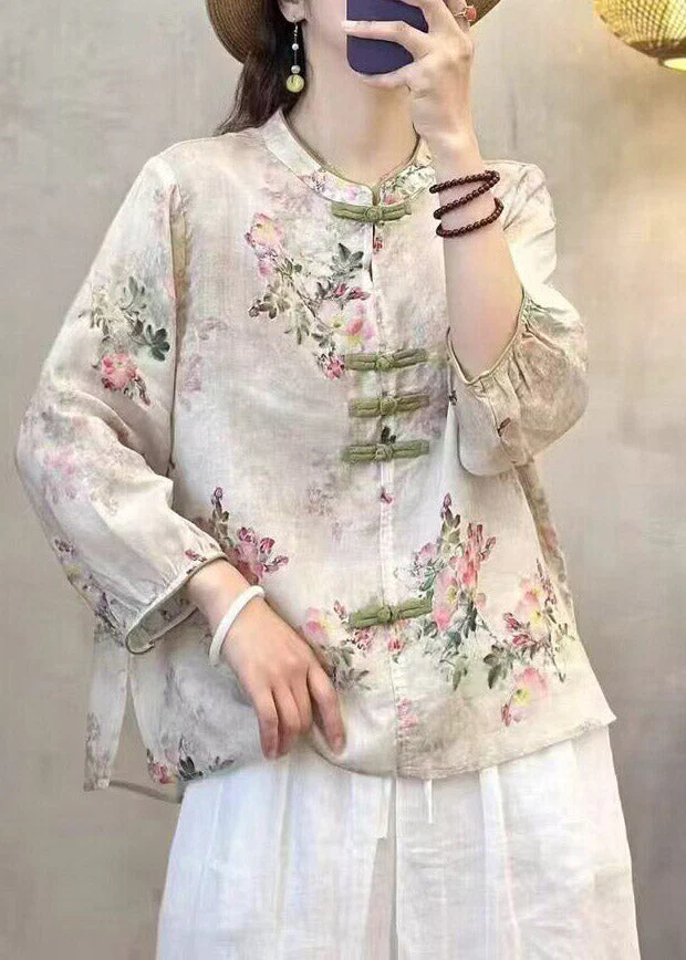 Fine Rose Stand Collar Print Linen Top Fall - Image 2