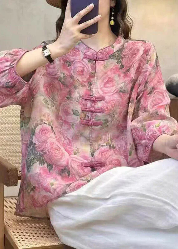 Fine Rose Stand Collar Print Linen Top Fall - Image 3