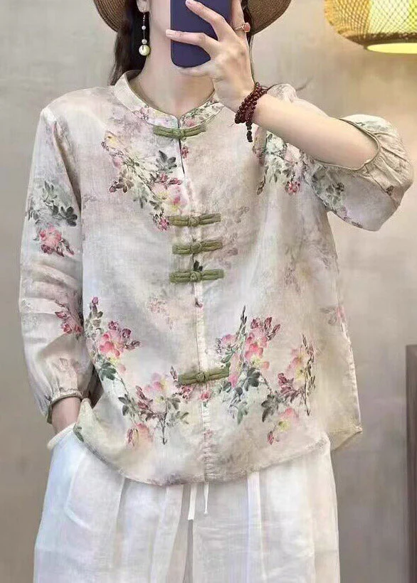 Fine Rose Stand Collar Print Linen Top Fall - Image 4