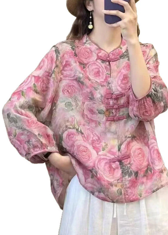 Fine Rose Stand Collar Print Linen Top Fall - Image 5
