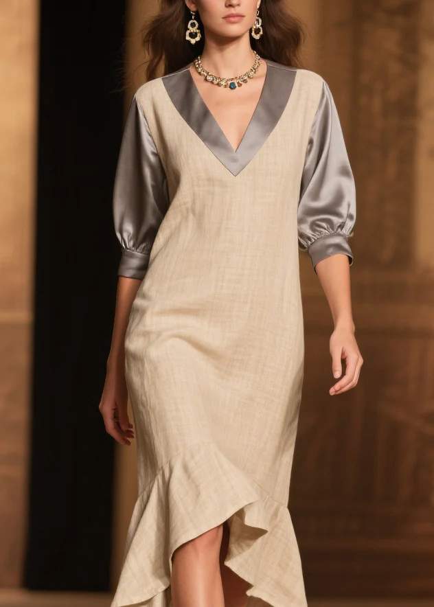 Fine Ruffled Asymmetrical Design Patchwork Linen Silk Dress Summer - Image 2