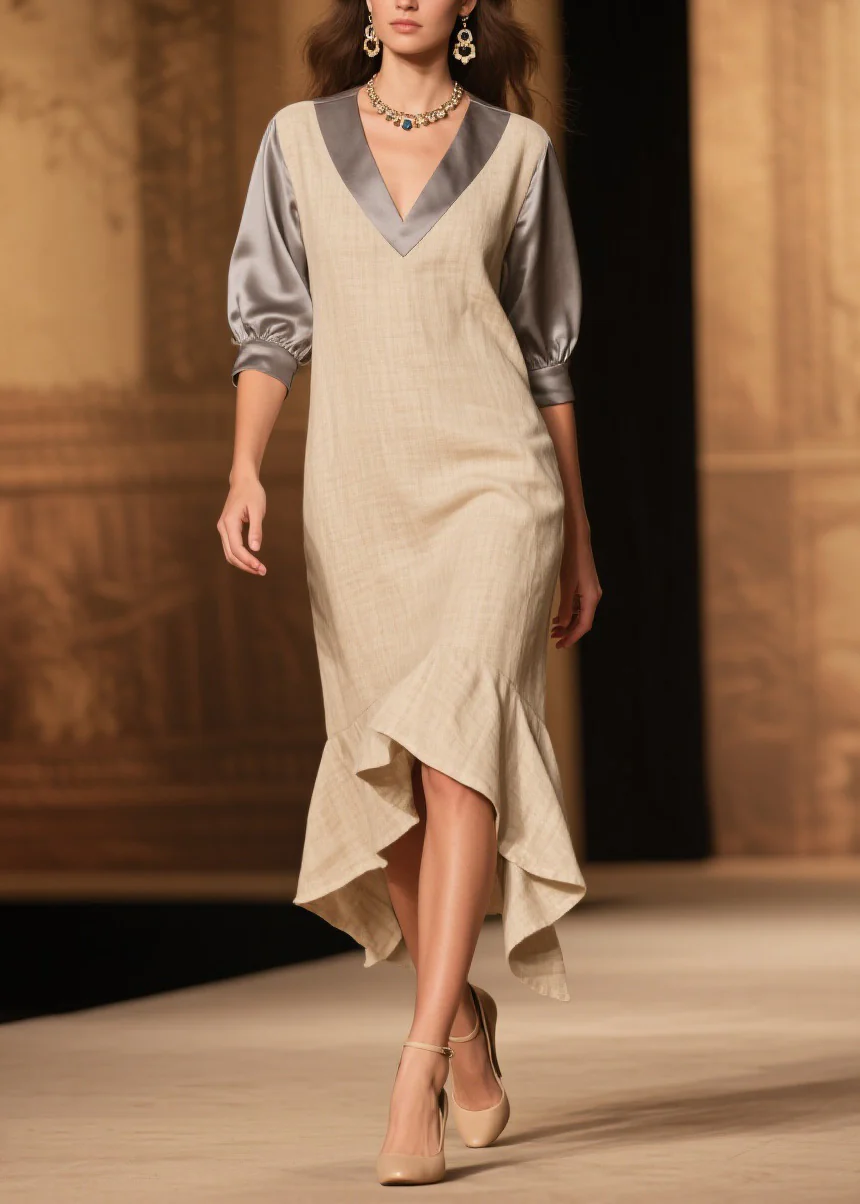 Fine Ruffled Asymmetrical Design Patchwork Linen Silk Dress Summer - Image 3