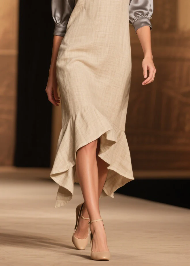 Fine Ruffled Asymmetrical Design Patchwork Linen Silk Dress Summer - Image 4