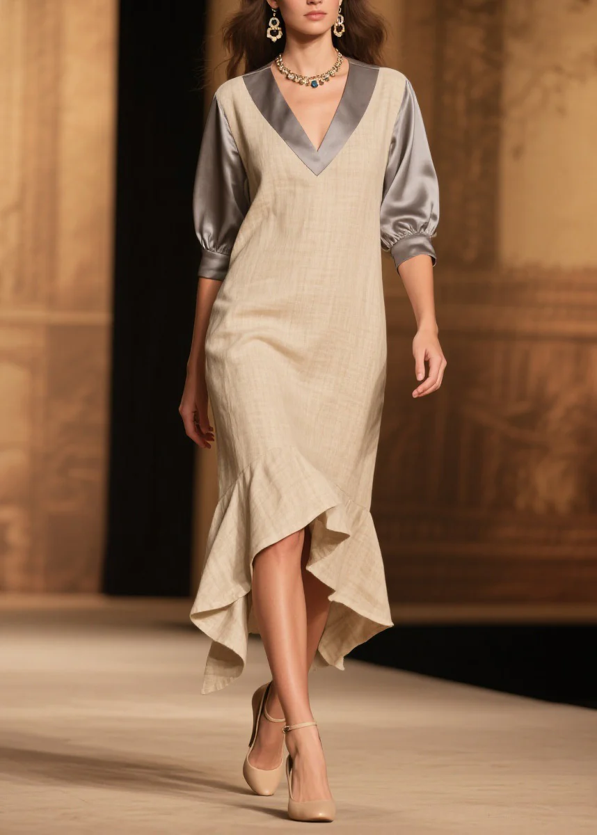 Fine Ruffled Asymmetrical Design Patchwork Linen Silk Dress Summer - Image 5