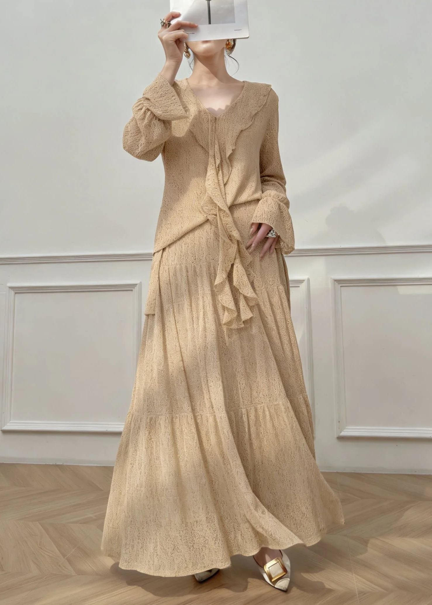 Fine Ruffled Top And Skirts Cotton Two Pieces Set Spring - Image 2
