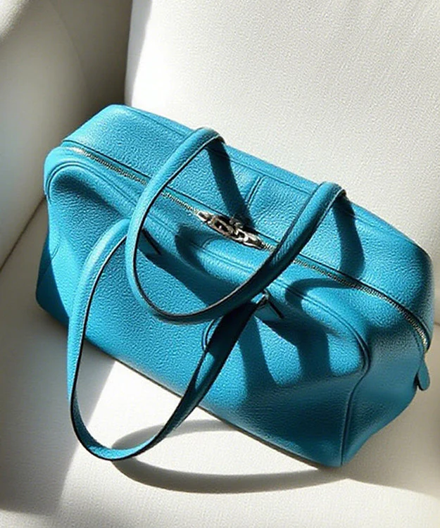 Fine Sea Blue Zippered Large Capacity Leather Tote Handbag - Image 2