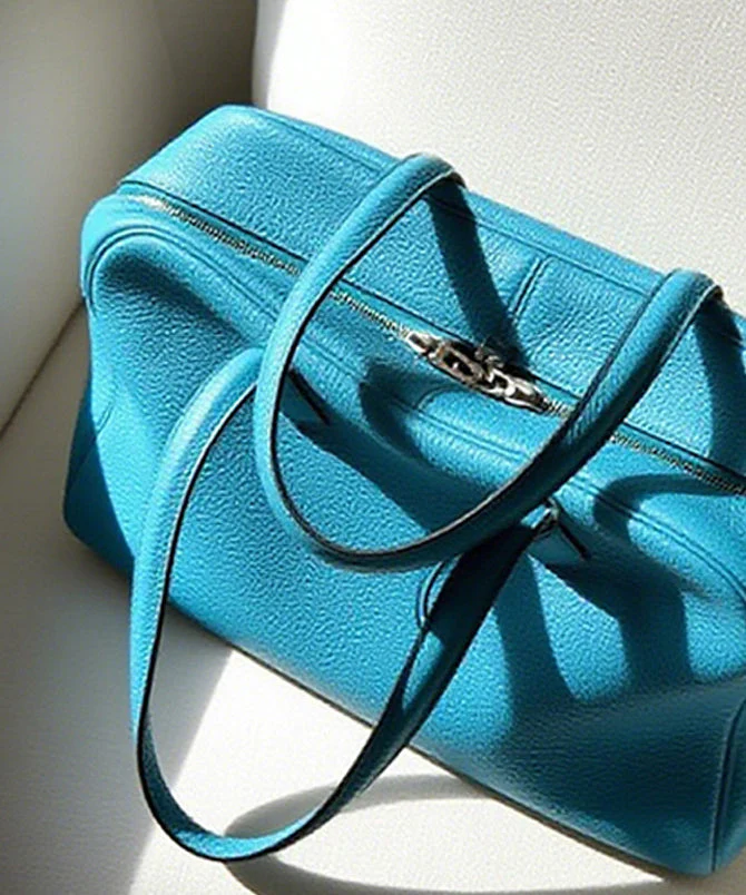 Fine Sea Blue Zippered Large Capacity Leather Tote Handbag - Image 4
