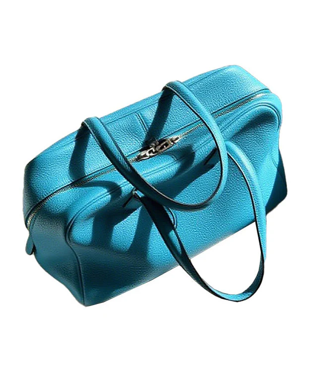 Fine Sea Blue Zippered Large Capacity Leather Tote Handbag - Image 5