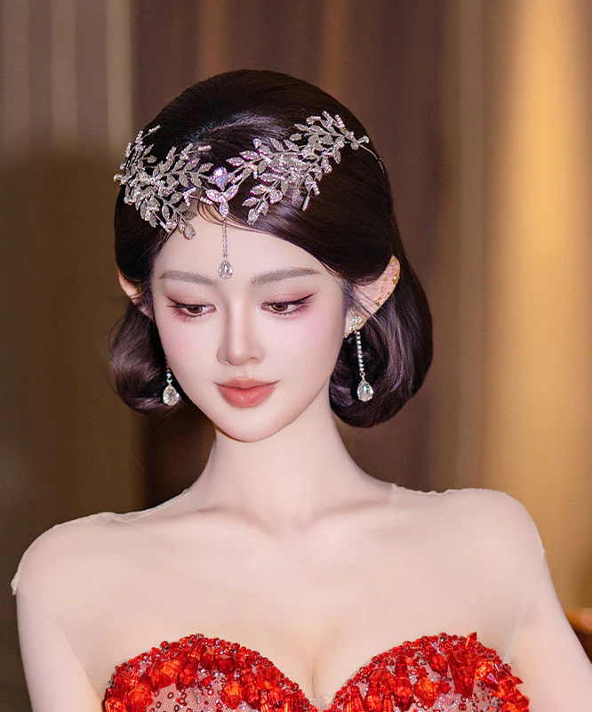 Fine Silk Alloy Zircon Leaf A Pair HairPiece And Drop Earrings Two-Piece Set - Image 3