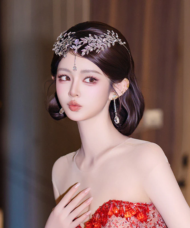 Fine Silk Alloy Zircon Leaf A Pair HairPiece And Drop Earrings Two-Piece Set - Image 4