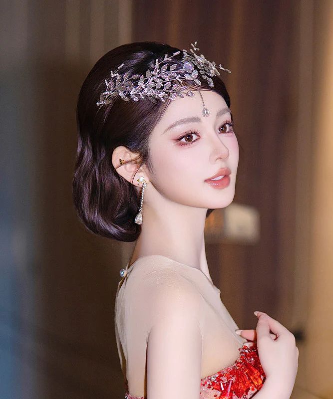 Fine Silk Alloy Zircon Leaf A Pair HairPiece And Drop Earrings Two-Piece Set - Image 5