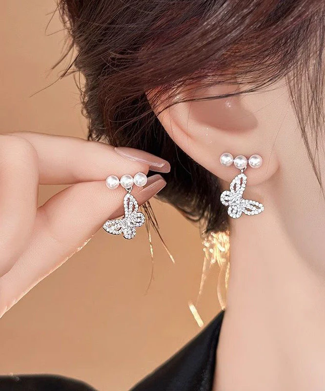 Fine Silk Copper Alloy Zircon Butterfly Pearl Drop Earrings - Image 2