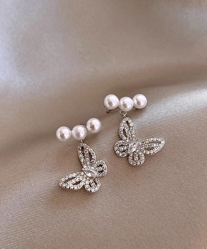 Fine Silk Copper Alloy Zircon Butterfly Pearl Drop Earrings - Image 3
