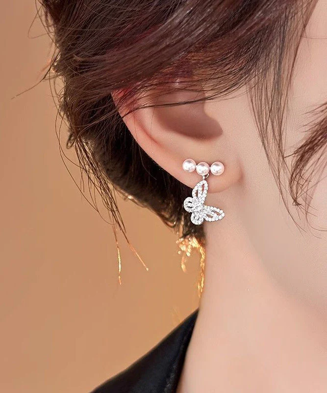 Fine Silk Copper Alloy Zircon Butterfly Pearl Drop Earrings - Image 4