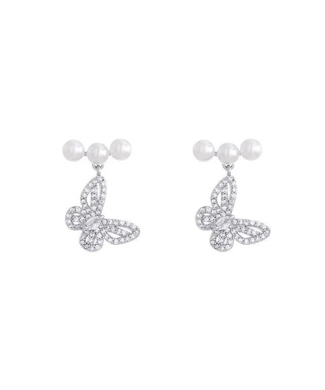 Fine Silk Copper Alloy Zircon Butterfly Pearl Drop Earrings - Image 5
