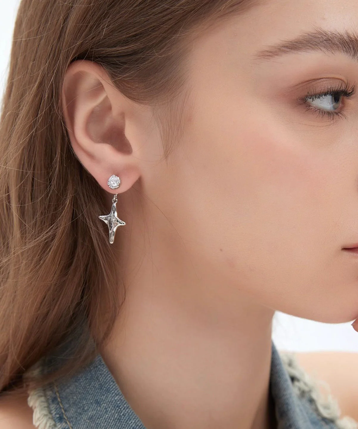Fine Silk Copper Overgild Zircon Eight-Pointed Star Drop Earrings
