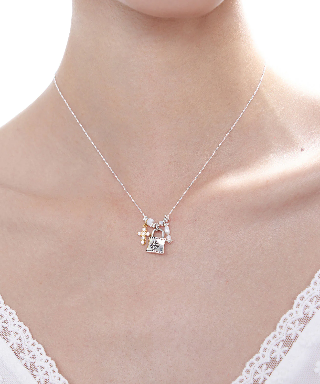 Fine Silk Cross Small Lock Pendant Adjustable Silver Necklace - Image 2