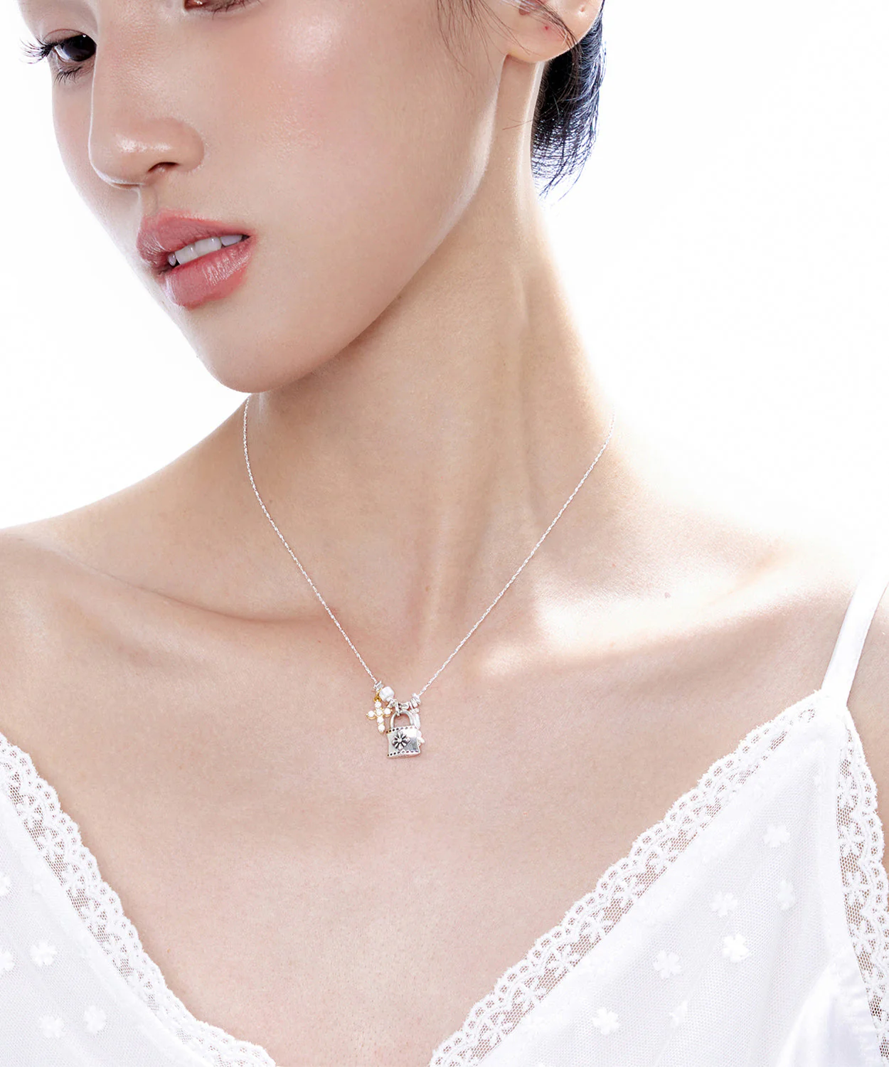 Fine Silk Cross Small Lock Pendant Adjustable Silver Necklace - Image 3