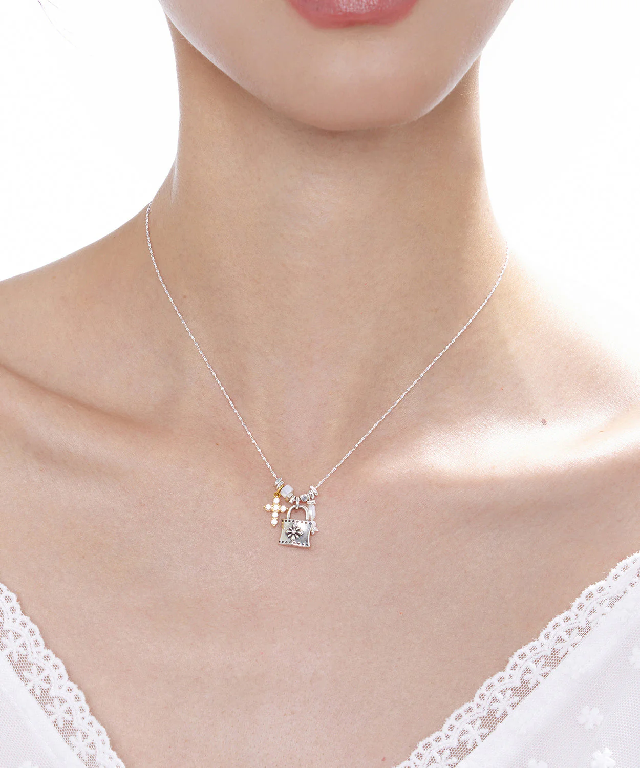 Fine Silk Cross Small Lock Pendant Adjustable Silver Necklace - Image 4