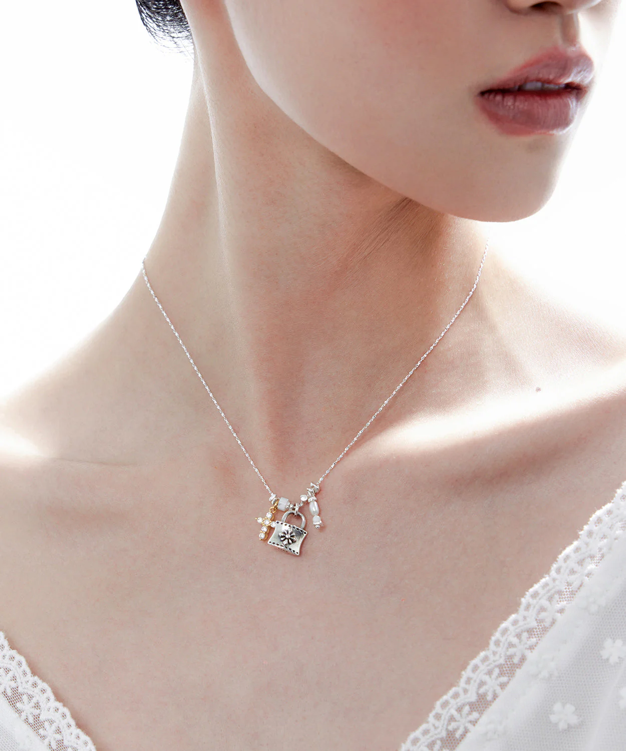 Fine Silk Cross Small Lock Pendant Adjustable Silver Necklace - Image 5