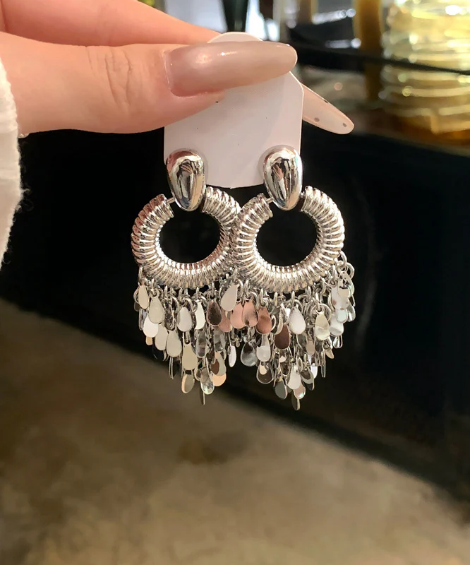 Fine Silk Metal Sequins Tassel Drop Earrings - Image 2