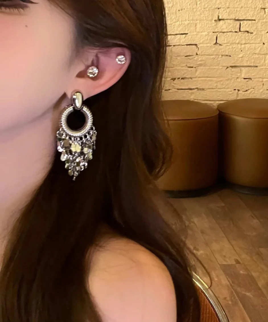 Fine Silk Metal Sequins Tassel Drop Earrings - Image 5