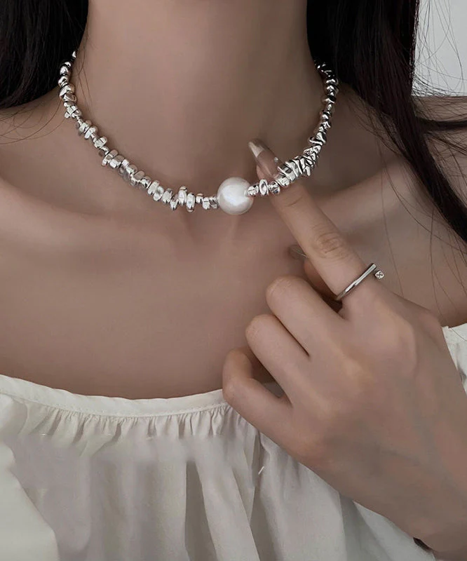 Fine Silk Stainless Steel Broken Silver Pearl Patchwork Pendant Necklace - Image 3