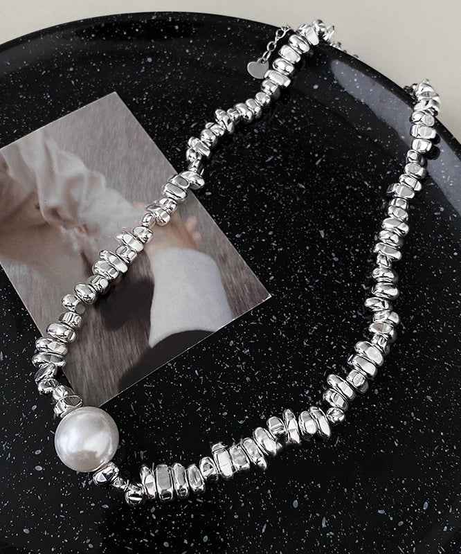 Fine Silk Stainless Steel Broken Silver Pearl Patchwork Pendant Necklace - Image 4
