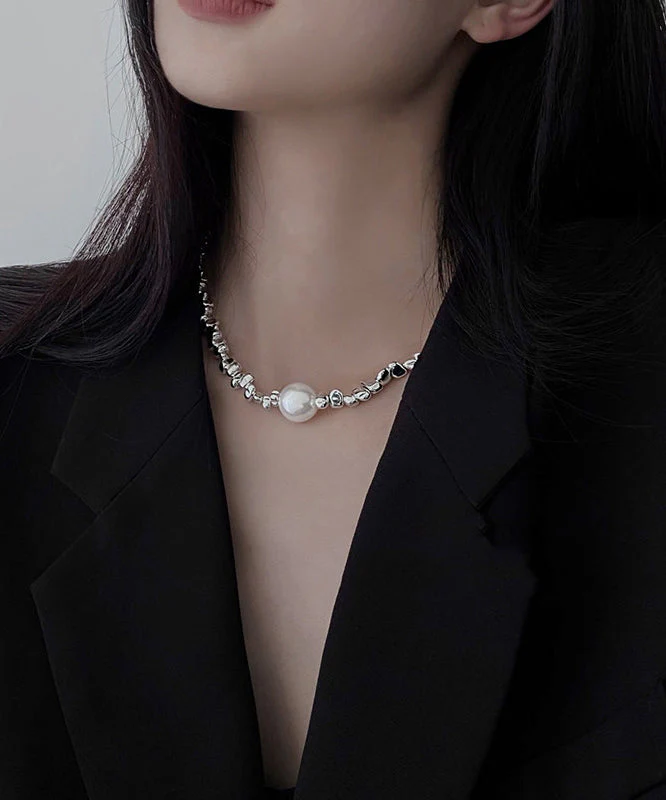 Fine Silk Stainless Steel Broken Silver Pearl Patchwork Pendant Necklace - Image 5