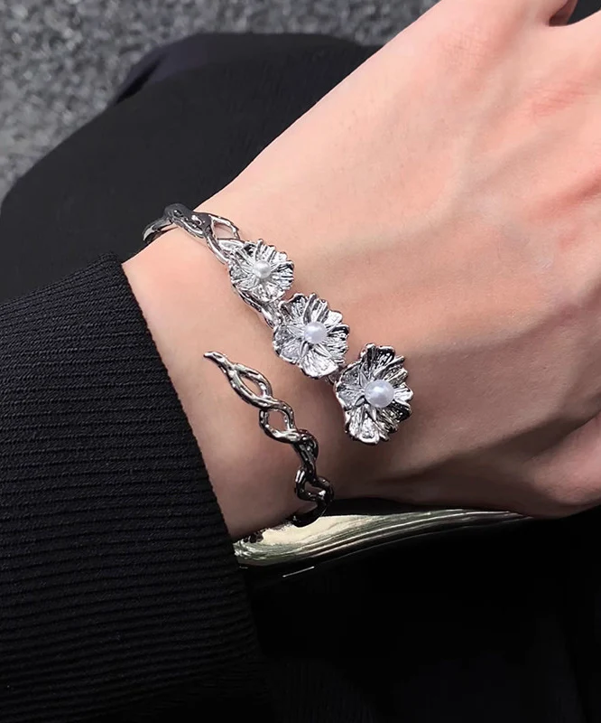 Fine Silk Sterling Silver Pearl Floral Asymmetrical Wrinkled Cross Cuff - Image 2