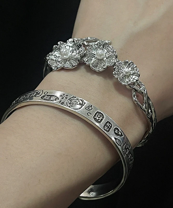Fine Silk Sterling Silver Pearl Floral Asymmetrical Wrinkled Cross Cuff - Image 3