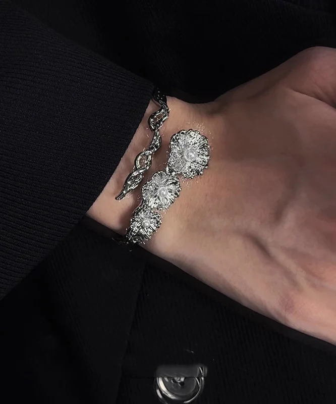 Fine Silk Sterling Silver Pearl Floral Asymmetrical Wrinkled Cross Cuff - Image 5