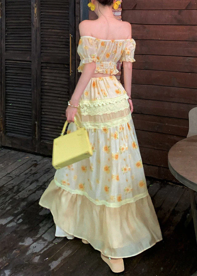 Fine Slash Neck Print Top And Long Skirts Two Pieces Set Summer - Image 5