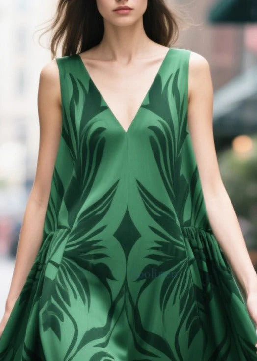 Fine Tea Green Oversized Print Chiffon Long Dresses Summer - Image 2
