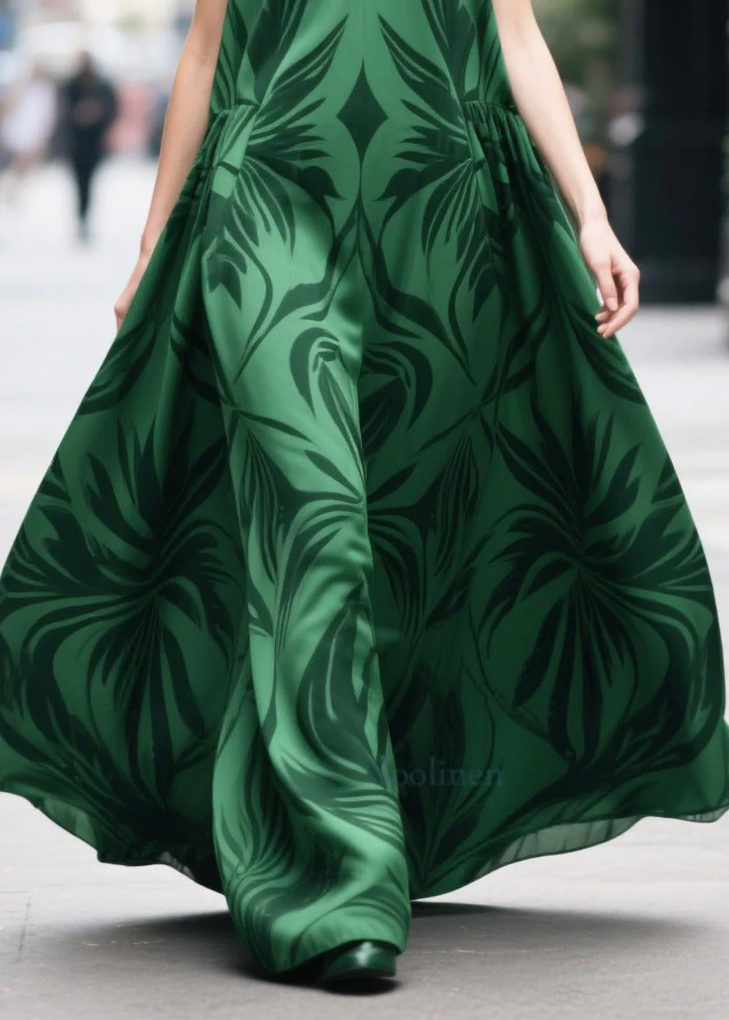 Fine Tea Green Oversized Print Chiffon Long Dresses Summer - Image 4
