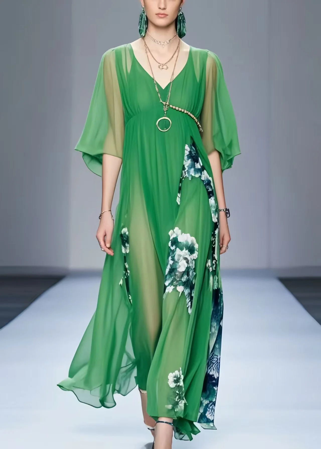 Fine Tea Green Print Draping Chiffon Dresses Summer - Image 3