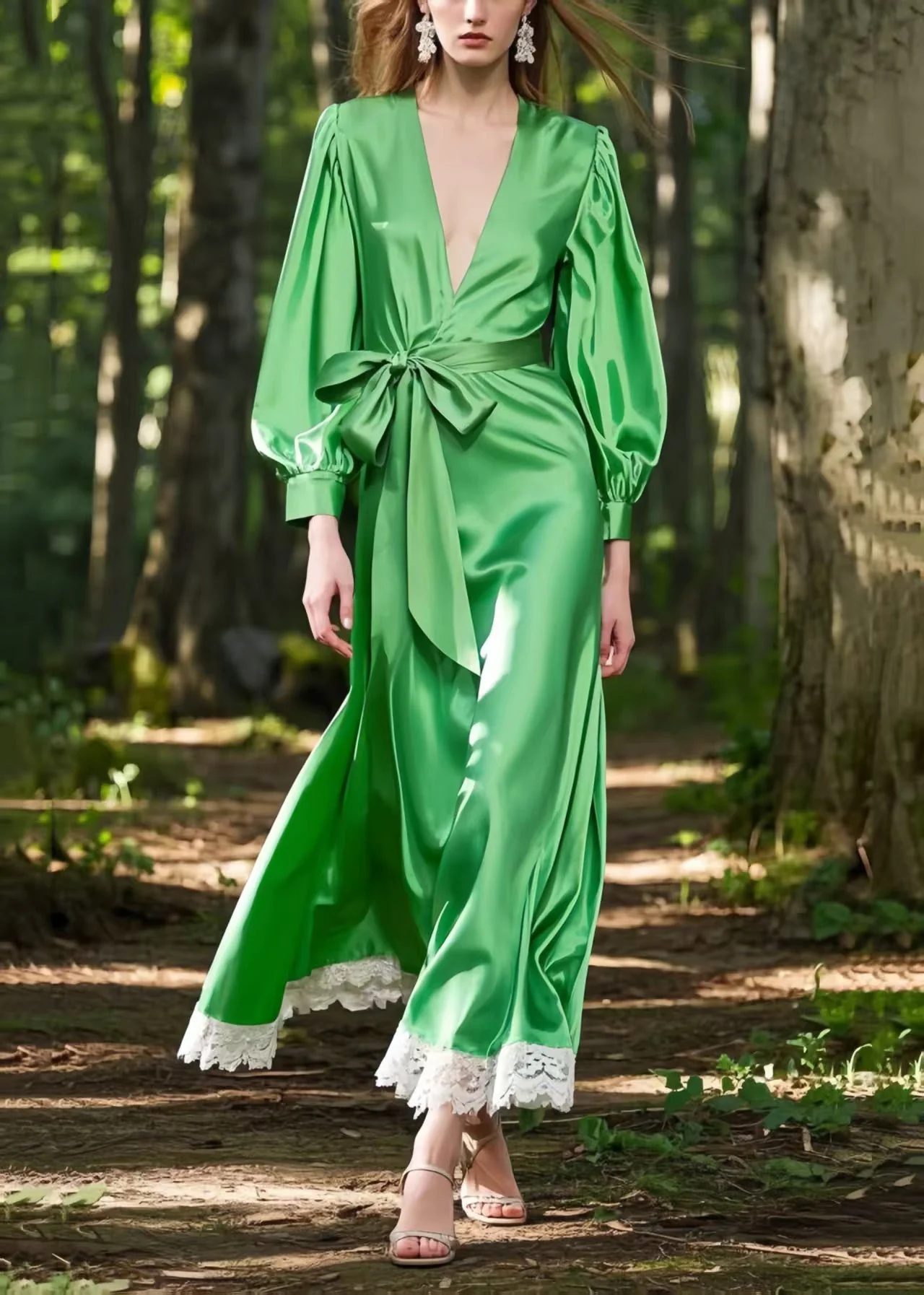 Fine Tea Green Tie Waist Patchwork Silk Vacation Dresses Spring - Image 3