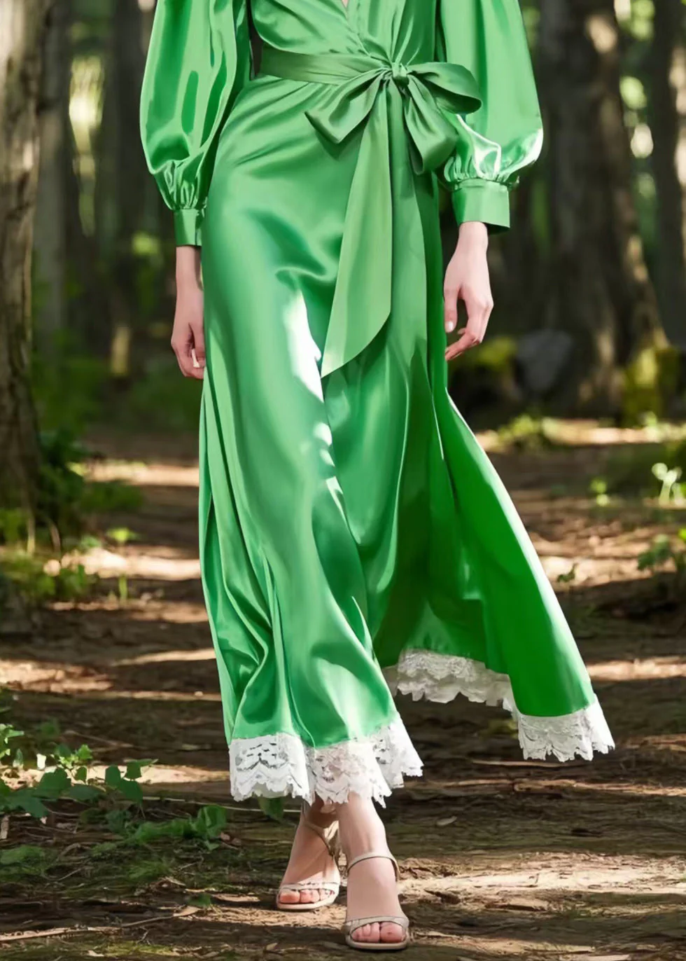 Fine Tea Green Tie Waist Patchwork Silk Vacation Dresses Spring - Image 4