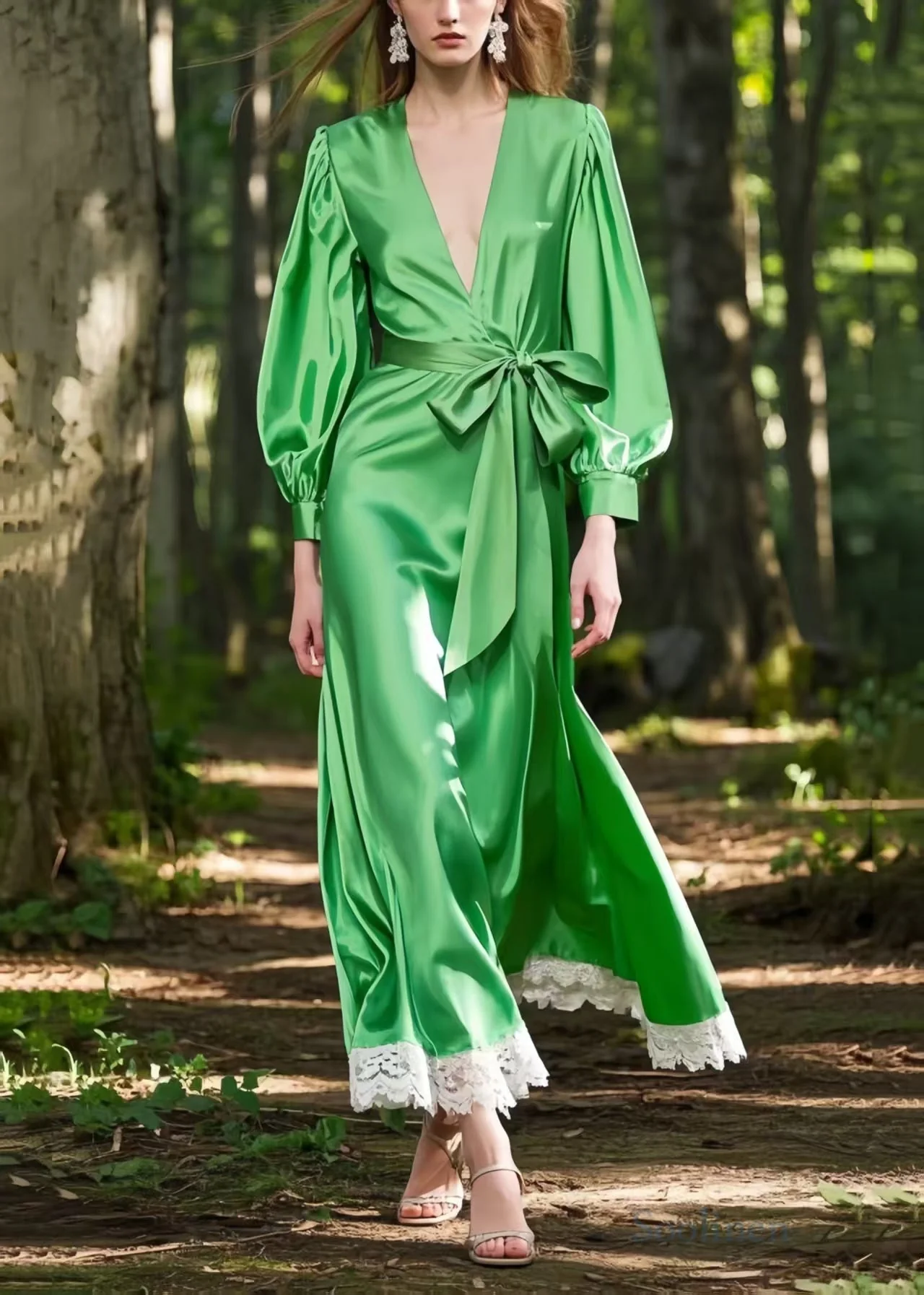 Fine Tea Green Tie Waist Patchwork Silk Vacation Dresses Spring - Image 5